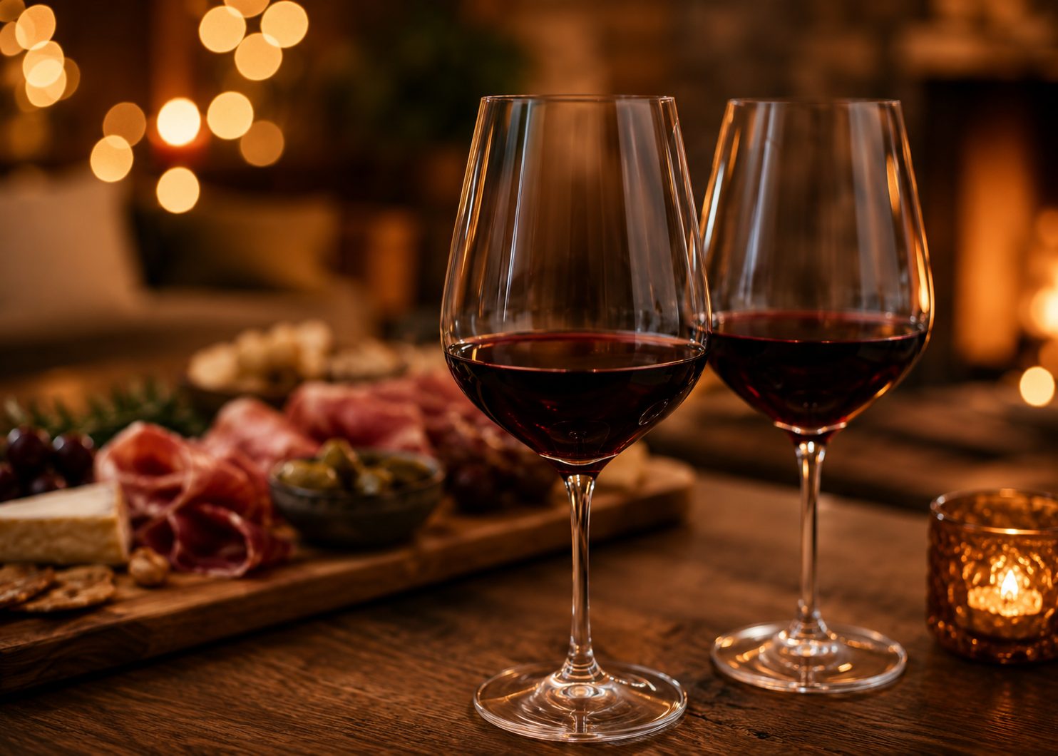 Duas taças de vinho tinto junto à lareira, com tábua de queijos e enchidos